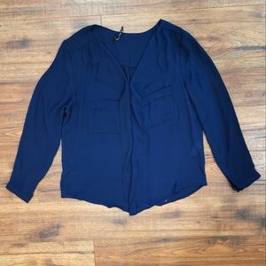 Zara Women's Navy V-Neck Long Sleeve Lightweight Pullover Blouse Size Large L